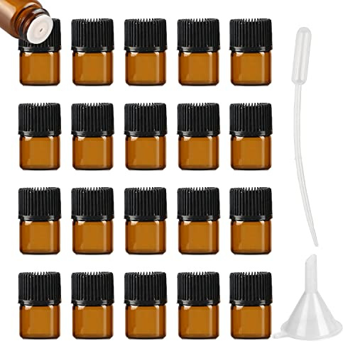 ZEOABSY 20 Stück Kleine Leer 1ml Braunglas Flasche mit Öffnungsreduzierer, Braun Tropfflasche mit Schwarz Schraubverschluss Glasflaschen für Ätherisches Öle Essenzen Aromatherapie
