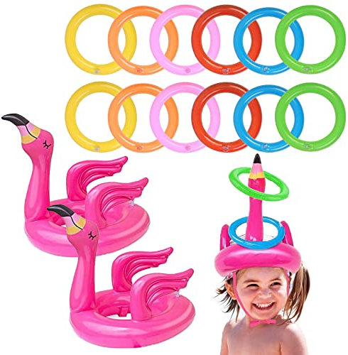 VIKSAUN 14 Stück Wurfspiel Flamingo Aufblasbare Ringwurfspiel Eltern Partyspiele für Sommer Hawaii Party Hochzeit Sommer Pool Party Outdoor Indoor Spiele (14 Stück)