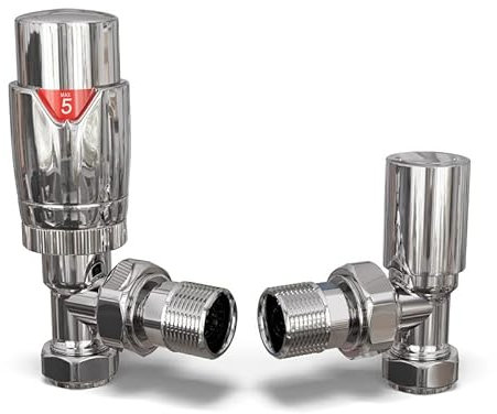UK Radiators Chrome Thermostatic Radiator Valve and Angled Lockshield Valve - Polished Chrome Finish - Classy and Modern Design 1/2 x 15mm Angled Radiator Valve