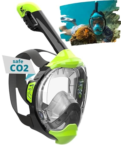 Khroom Schnorchelmaske Erwachsene & Kinder ab 3 Jahre | CO2 sicher | Vollgesichtsmaske mit Easy-Breath System | Schnorchelset Alternative | Seaview Y Tauchmaske Erwachsene/Kinder (L/XL Neon-Grün)