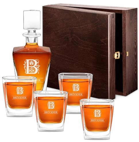 Maverton Whisky Karaffe 800 ml + 4 / 6er Whisky Gläser Set mit Gravur - Glas Karaffe mit Gläsern - personalisiertes Whiskey Decanter Set für Männer - für Whiskygenießer - Buchstabe