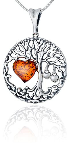 AMBEDORA Damen Halskette Sterling Silber Oxidiert, Baltischer Bernstein Herz, Keltischer Lebensbaum Anhänger mit Bernstein Herz an Kette