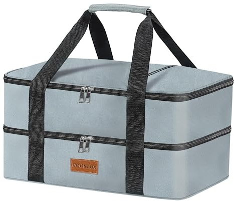 Double Decker Insulated Casserole Carrier for Hot or Cold Food, Food Warmer Bag for Potluck Parties/Picnic/Cookouts, Fits 9x13 Baking Dish, Leak Proof Travel Food Containers, Durable Nylon, Grey