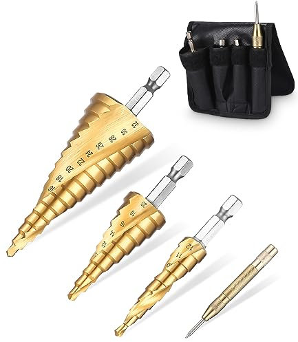Step Drill 4 Pieces, 4 Stück Stufenbohrer Set, 4-12mm/4-20mm/4-32mm, Metallbohrer aus HSS Stahl, Bithalter schälbohrer, Bohrfräser Kegelbohrer Konusbohrer, Holz, Kunststoffe [10mm Schaft]