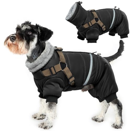 Hundemantel Winter, Wasserdicht Hundejacken mit 4-Beinige Hunde Winterweste Warm Winddicht Hundejacke Fleece Reflektierend Winterjacken Mit Brustgurt Gurt & D-Ringen(Schwarz, L)