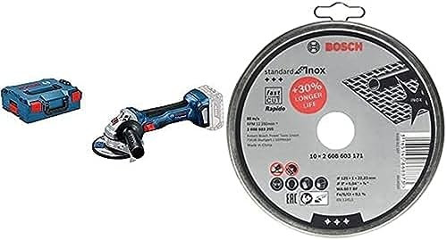 Bosch Professional 18V System Akku Winkelschleifer GWS 18V-7 (Ø 125mm, ohne Akkus & Ladegerät, in L-BOXX 136) + 10x Trennscheibe Standard für Inox Rapido WA 60 T BF (für Edelstahl, Ø 125 mm, Zubehör)