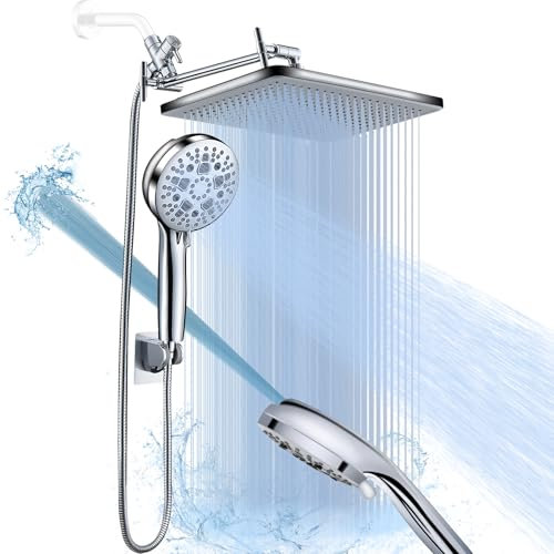 BSTKEECL Cabezales de ducha de lluvia de alta presión de 14 pulgadas con rociador de mano con azadas largas, cabezal de ducha de lluvia con 9 modos de rociador de agua de ducha y brazo de extensión