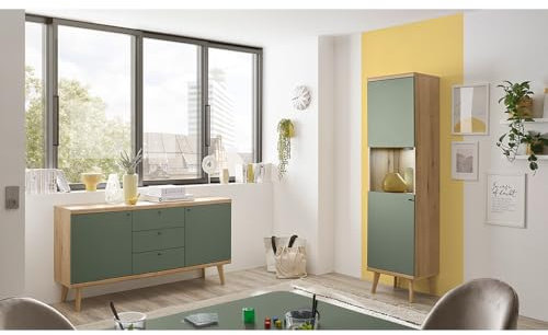 Lomadox Esszimmer Wohnzimmer Vitrine mit Sideboard, in Eiche mit grün Modern 2-teilig, inkl. Beleuchtung