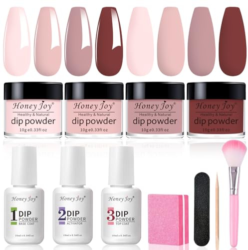 Honey Joy Dip Powder Nail Kit Starter,4 Colors Gentle Nude Brown Pink Neutral Skin Dipping Powder Liquid Set with Base Top Coat for Nail Art Manicure Salon DIY No LED Nail Lamp Needed，Dip-7pcs-07