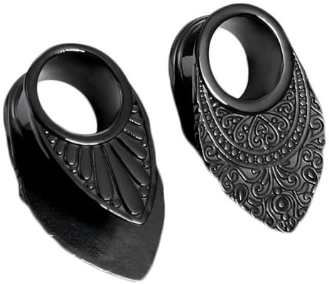 2Pcs Edelstahl 14mm Tunnel, Tunnel Schwarz Rund Mit Vintage-Blumenmuster Piercing Set