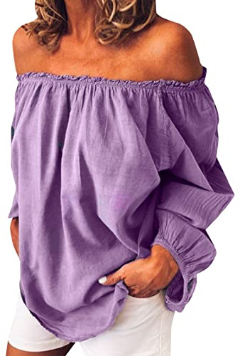 Cocila Damen Bluse Sommer Elegant Damenbluse Schulterfrei Lässige Ärmel Sexy T-Shirt Schulteroberteile Größe Sommer Lose Rüschenoberteile Pullover Mit Trompetenärmeln