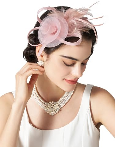 SWEETV Tulle Fascinators for Women, Tea Party Hats for Kentucky Tea Hat Derby, Cocktail, Wedding, Fancy Dress Party, Dusty Pink