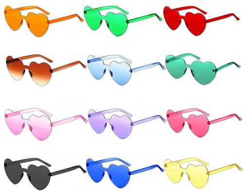 12 Paar Sonnenbrillen Herzform Set Bunt, Rahmenlose, Farben Hippie Brille für Kinder Erwachsene, Partybrillen Spaßbrillen für Geburtstagsfeier, Fasching, Karneval, Hochzeit, JGA Party Accessoires