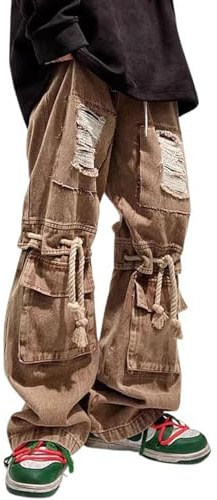 Baggy Jeans för Män Rippade Baggy Hip Hop Jeans Tonåring Pojke Streetwear Skateboard Y2K Byxor Mode Skater Skateboard Byxor(Khaki,Medium)