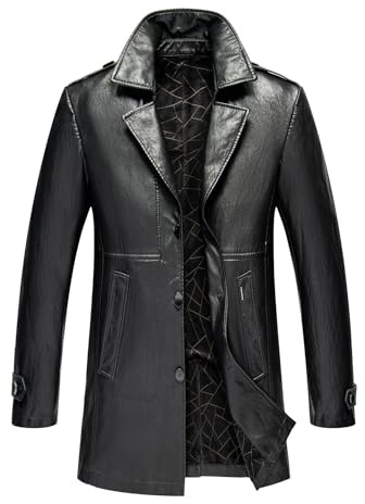 TINNYTT Giacca in Vera Pelle da Uomo, Cappotto Autunnale e Invernale con Risvolto da Lavoro, Giacca Antivento, Giacca Antivento di Media Lunghezza, Cappotto Caldo Autunnale e Invernale,Black-XL
