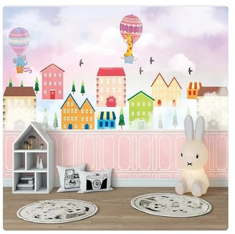 Benutzerdefinierte Fototapete Rosa Heißluftballonhaus Weiße Wolken Wandbilder Wohnzimmer Kinderzimmer Hintergrund Dekor Wandtuch*430 cm x 300 cm (169,3 x 118,1 Zoll)