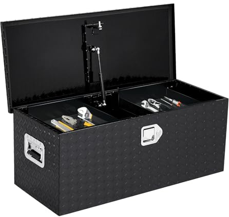 Garvee 35 x 15 x 14 in Aluminum Truck Bed Toolbox with Sliding Shelf, Heavy Duty Aluminum Tool Box with Side Handle and Lock Keys, Truck Bed Storage Organizer for Pick Up Truck Rv Trailer, Black