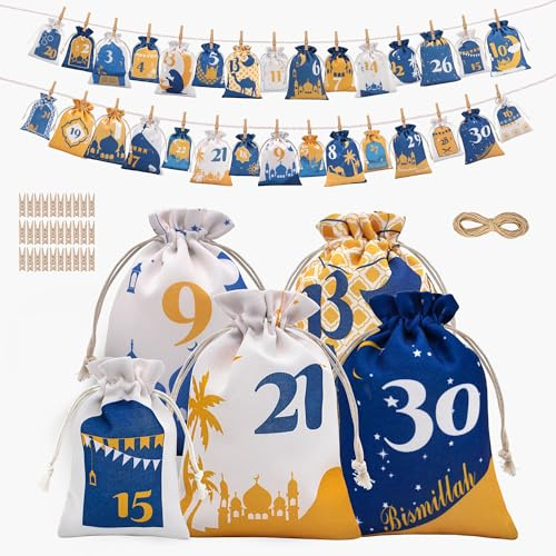 30 Stück Ramadan Kalender Kinder Deko, Eid Mubarak Tüten, Ramadan Adventskalender Tüten für Kinder, Umrah Mubarak Deko
