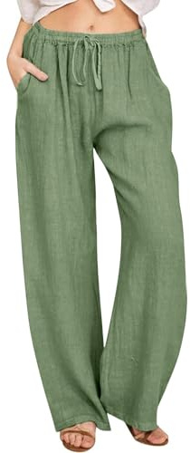 KUIH Womens Trousers Summer Casual Linen Trousers Drawstring Elastic Waist Long Pants Women Straight Wide Leg Lounge Pants High Waisted Palazzo Loose Fit Ladies Bottoms