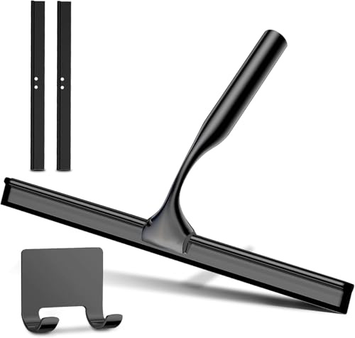 COFTCLMOMT 25cm Edelstahl Duschabzieher mit Selbstklebe Haken und 2 Ersatzklinge, Edelstahl Kurzer Griff Glaswischer Abzieher Dusche für Duschtüren,Glas Wasserschieber, Badwischer, Schwarz