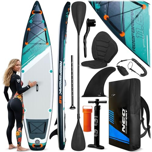 Neo-Sport Stand Up Paddle Board SUP Aufblasbar 350 cm Mit Zubehör Sitz Handpumpe Paddel Reefbreak Blau Grau Weiß
