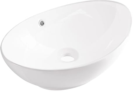 AQUAUNO Lavabo da appoggio MAYA, 59 x 39 cm, ovale, in ceramica bianca, senza foro per rubinetto, con troppopieno, bianco, sanitari, bagno