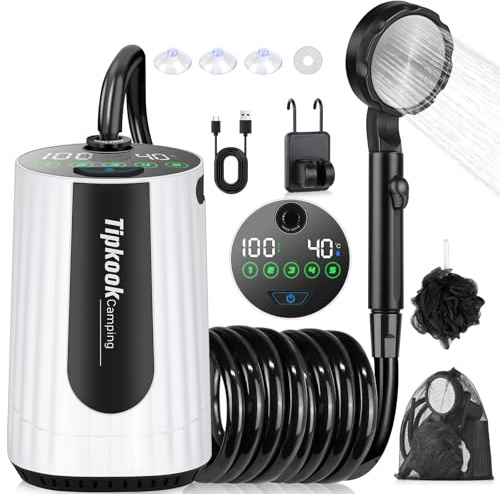 Tipkook Douche Portable, [10000mAh] Douche de Camping,Électrique Rechargeable,Imperméable, avec Afficheur Intelligent et Pomme de Douche 5 Modes pour Extérieure,Camping,Randonnée
