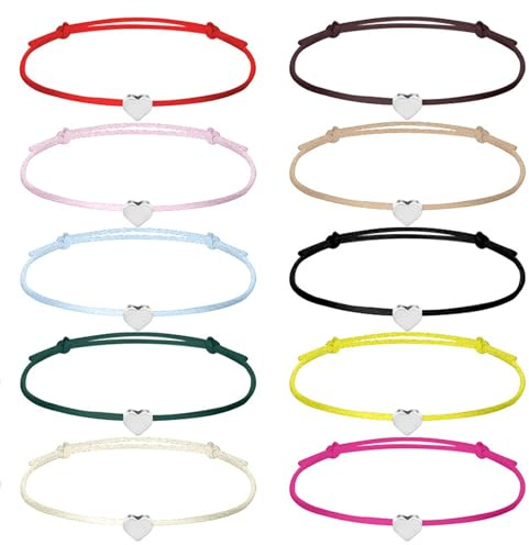 Teouuas 10 Piezas Pulseras de la Amistad, Pulsera de Amistad con Corazón, Corazón Pulsera a Mano Ajustables para Mujeres, Niñas y Mejores Amigas, Regalos de Cumpleaños y Navidad (Plata)