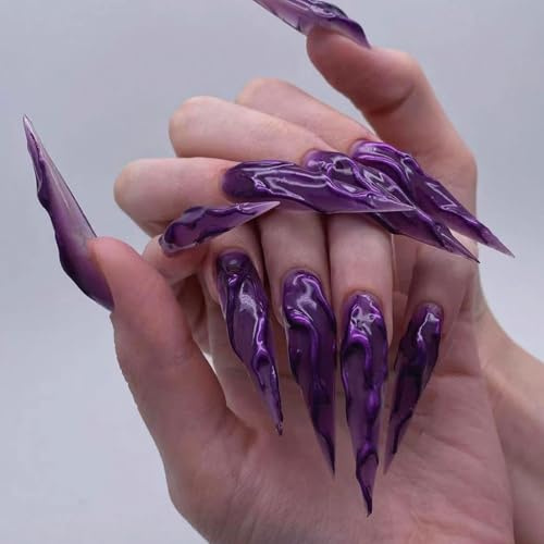 Viugex 24 Stück Halloween Press on Nails Lang Stiletto, 3D Lila Künstliche Fingernägel Gothic Französische Nägel Zum Aufkleben, Natürliche Full Cover Kunstnägel Glänzend Falsche Nägel für Frauen