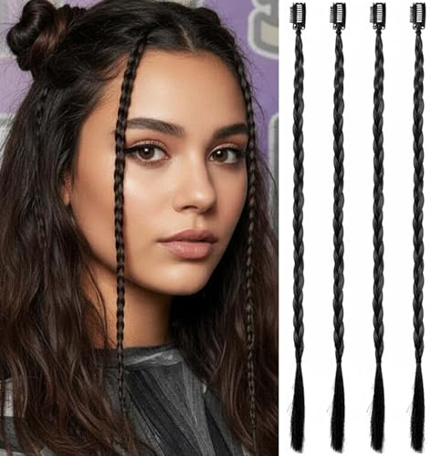 Clip-in hårdelar för kvinnor, 17 tum, syntetiska flätförlängningar, daglig användning och fest styling, svart brun (4 delar - naturligt svart)