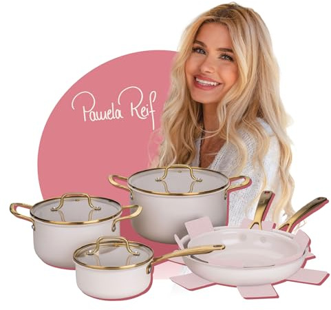 Fackelmann x Pamela Reif 10-teiliges Topf- und Pfannen-Set – gepresstes Aluminium, pastell beige, inkl. Pfannenschutz, für alle Herdarten geeignet