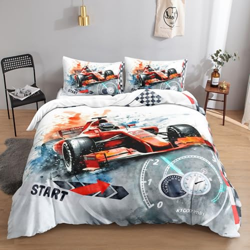 HOSIMA Rennwagen-bettwäscheset,135 x 200 cm,Rot-Rennwagen,Bettwäsche Set 1 Bettbezug,1 Kissenbezug,mit Reißverschluss,geeignet für Kinder,Jugendliche und Erwachsene