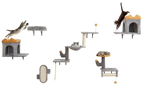 COSTWAY Juego de Estantes de Pared para Gatos, Árbol Rascador de Pared para Gatos con Múltiples Plataformas, 2 Condominios, Escalera, Cama, Rascador de Sisal, Hamaca, Estanterías de Escalada para Gato