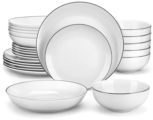 Crockery Set 24 Piece Black Rim Ceramic Dinnerware Set White Porcelain Plate with 4PCS Dinner Plate/Dessert/Soup Plate/Bowl(24 Piece)