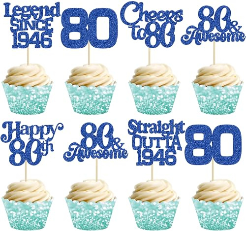 Ephlyn 30Pcs 80th Birthday Cupcake Toppers Glitter Eighty Happy 80th Straight Outta 1946 Cupcake Picks for Cheers to 80 Years Birthday Anniversary Party Cake Decorations Supplies Black
