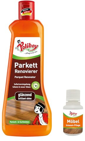 POLIBOY Renovierer glänzend – Parkettaufbereiter für versiegelte Holzböden – Parkettversieglung durch Schutzschicht – Ohne Abschleifen - 1 x 500 ml - Mit Produktprobe - Made in Germany