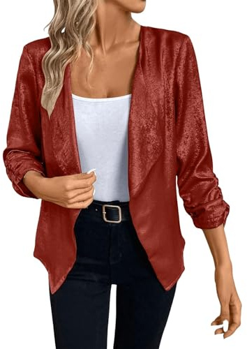 Blazer Mujer Elegante Largo, Cárdigan Mujer Festivo Tops Brillante Blazer Chaqueta Casual Hombro Moda Blusa Holgada Tops Modernos Manga Larga Sólido Ropa de Exterior Ropa de Fiesta Abierta Ligero
