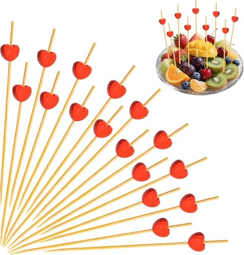 Cocktailspieße Herzform, 100pcs Cocktail Picks Holz Zahnstocher, 12cm Herz Cocktailspieße, Fingerfood Spieße, Cocktail Sticks, für Valentinstagsparty Karneval Cocktail party Deko