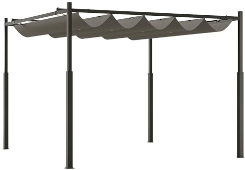Outsunny Pergola ca. 3x3 m Freistehend Terrassenüberdachung mit Schiebedach, magnetisches Pad, 8 cm Säule, UV-beständig Überdachung Metall Gartenpavillon Sonnenschutz für Terrasse Garten Grau