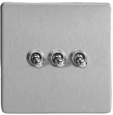 Varilight Triple Toggle Light Switch 2-Way - Screwless Brushed Steel With Chrome Toggles, XDST3S