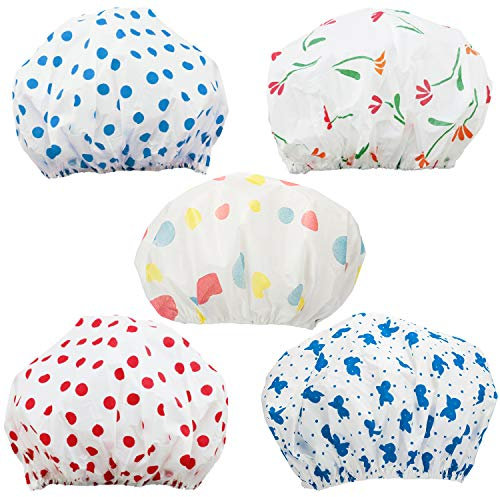 com-four® 5x Duschhaube wasserdicht zum Schutz der Frisur, Flexible Badehaube mit elastischem Gummiband mit verschiedenen Motiven, Ø 26 x 13 cm (05 Stück - Mix)