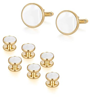 Ujoy Boutons De Manchette Pour Cravate Lot De 8 Coques Blanches Et Dorées Laiton, 1 Paire De Boutons De Manchette Et 3 Paires De Clous Pour Smoking, Kit De Bijoux Pour Hommes Avec Boîte Cadeau