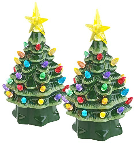 infactory Deko Tannenbaum LED: 2 Deko-Weihnachtsbäume aus Keramik mit LED-Beleuchtung, Timer, 19 cm (Tannenbaum beleuchtet, Dekobaumleuchter, Baum)