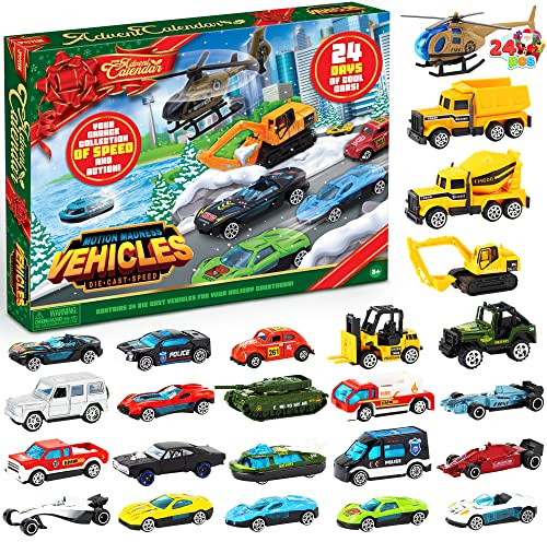 JOYIN 2025 Calendrier de l'Avent de Noël pour Enfants, 24 Jours Compte à Rebours Calendrier Jouets Cadeau avec Voitures Moulées Sous Pression Ensemble pour Garçons Enfants Party Favors