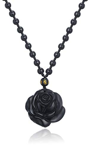 Thajaling Collana con ciondolo a forma di rosa con intaglio in cristallo di ossidiana nera, con fiore, pietra preziosa naturale Reiki curativa