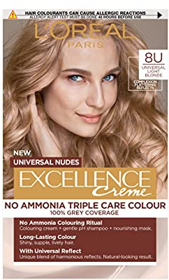 L'Oréal Paris Excellence Universal Nudes Hair Colour, Ammonia-Free, Micro-Keratine, Triple Care, 100% Grey Coverage, Radiance Boosting, 8U Universal Light Blonde