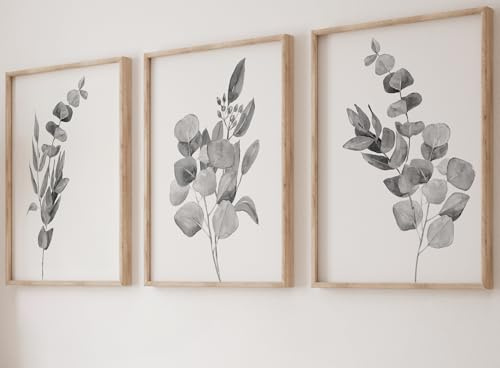 Eviepops Prints Eucalyptus Botanical Wall Art – Set of 3 Unframed Prints, Minimalist Grey Plant Decor, Abstract Tropical Leaves Posters for Living Room, Bathroom, Bedroom Modern Nature Artwork (A3)