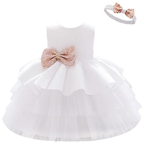Lito Angels Vestido de Dama de Honor de Boda Vestido de Fiesta Elegante con Diadema para Bebe Niñas Talla 9-12 Meses, Blanco (Número de Etiqueta 70)