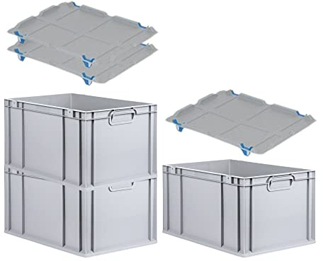 PROREGAL SuperSparSet 3x Eurobox NextGen Grip mit Auflagedeckel & 4 blauen Schiebeschnappverschlüssen, HxBxT 32x40x60cm, 65 L, Grau, Griffe geschlossen, Eurobehälter, Transportbox
