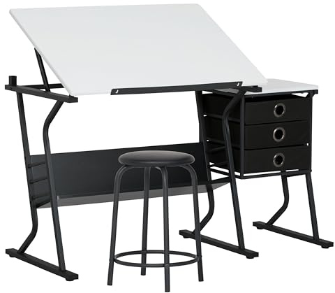 2 Piece Eclipse Ultra Center/Drawing Table with Stool, Angle Adjustable Top, Storage Shelves, and Drawers